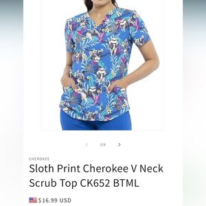 Cherokee Blue Sloth Print Women's Scrub Top
